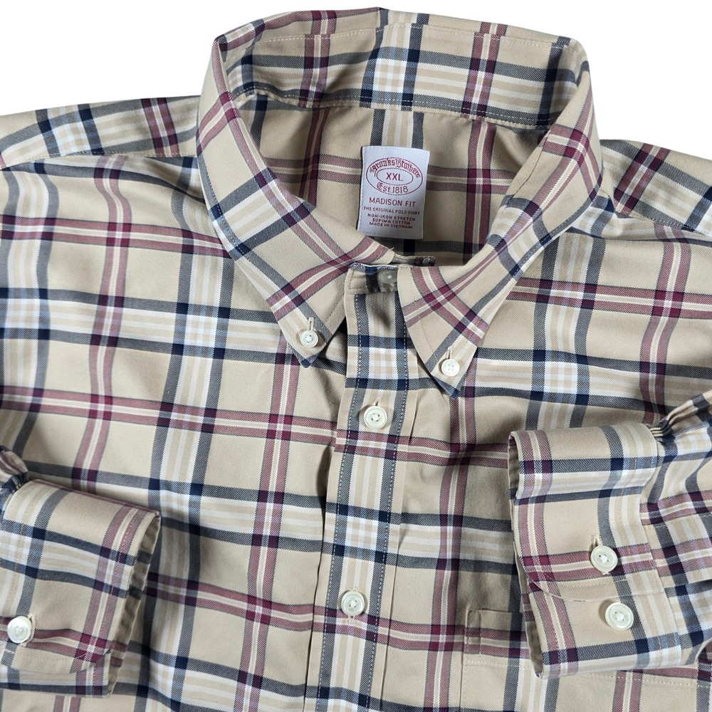 Brooks Brothers Mens XXL Madison Fit Non Iron Stretch Tattersall Plaid Shirt Tan